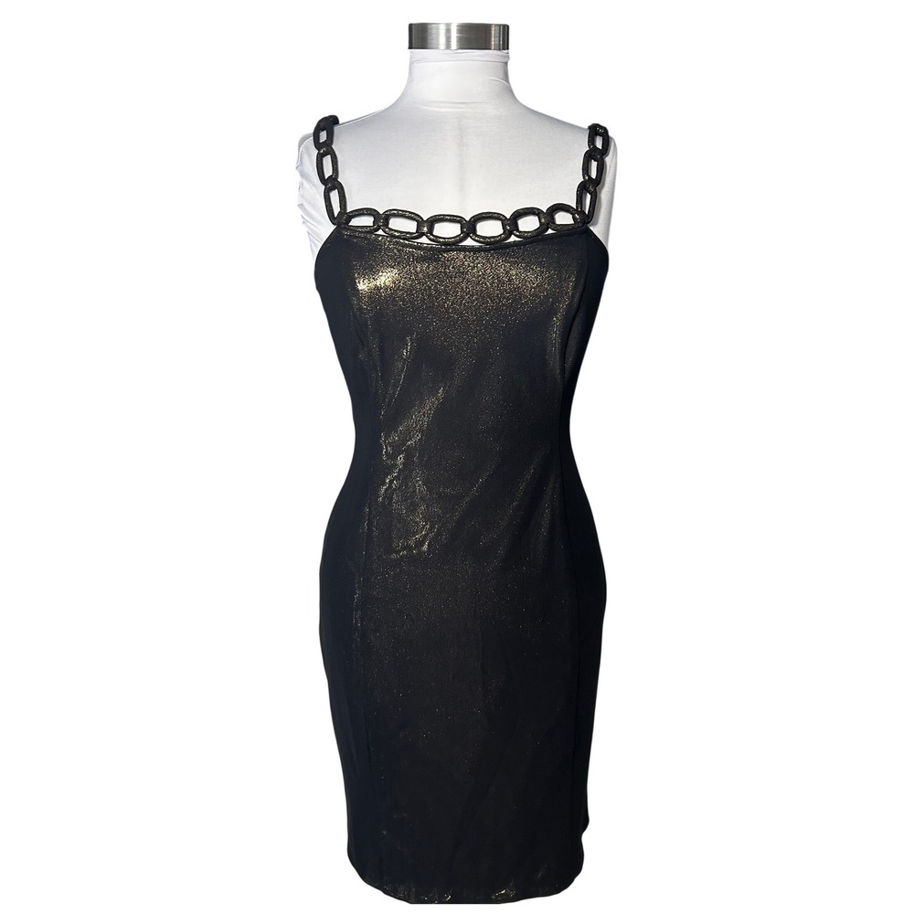 RARE Zula Studio Cocktail Dress 8 Black Gold Metallic Chain Strap Sheath